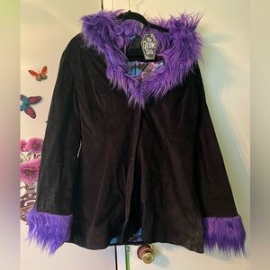 Dolls Kill, The Grace Girls Black corduroy coat with purple fluffy cuffs💜